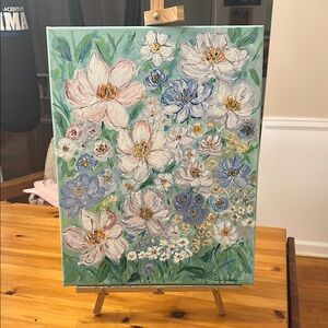 Vibrant Floral Canvas Art with Blue and Pink Accents